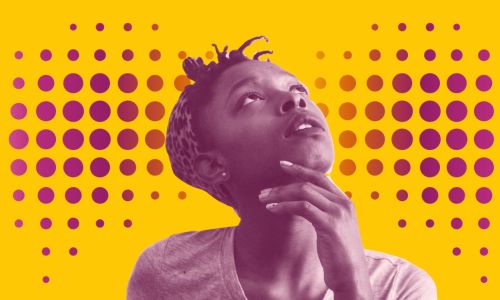 Design of young woman looking up and circular dots behind her.