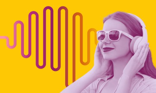 Design of a young woman wearing sunglasses and headphones and behind her a wavy line.
