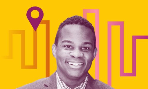 Design of a man smiling and wearing a suit behind him is a line graph and geographical indicator.
