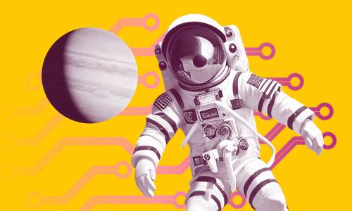 Design of a spaceman and a planet floating.