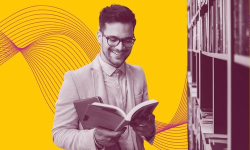 Design of young man standing next to a book shelf and looking down at his book and smiling while reading. There are lnes floating behind him.