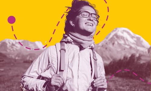 Design of young woman smiling with her eyes closed. She stands in front of a mountainscape and a dotted line and destination point float behind her.