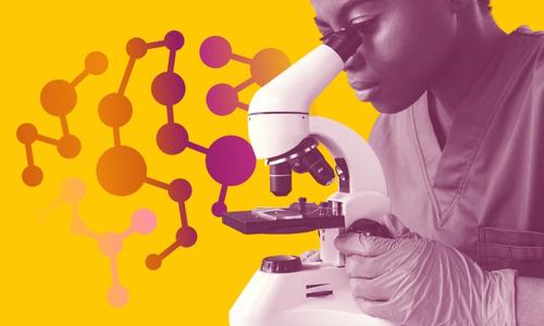 Design of young woman looking into a microscope and DNA strands float behind her.