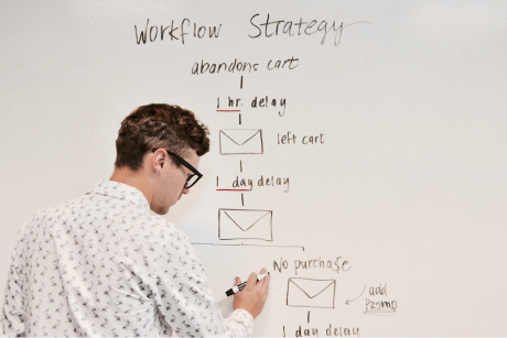 Young man writing on a whiteboard palnning out a career path. 